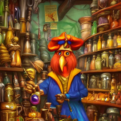Image similar to Fantasy artwork of Anthropomorphized parrot trader in his shop, shelves full, selling a gem, portrait, items, magic potions, carpet, window, fancy funny hat, sly expression , cunning expression, cute expression, presenting magic gem, D&D, fantasy, cinematic lighting, highly detailed, digital painting, artstation, concept art, smooth, sharp focus, illustration, warm light, cozy warm tint, magic the gathering artwork, volumetric lighting, 8k, no gold, no gold colours, art by Akihiko Yoshida and Greg Rutkowski