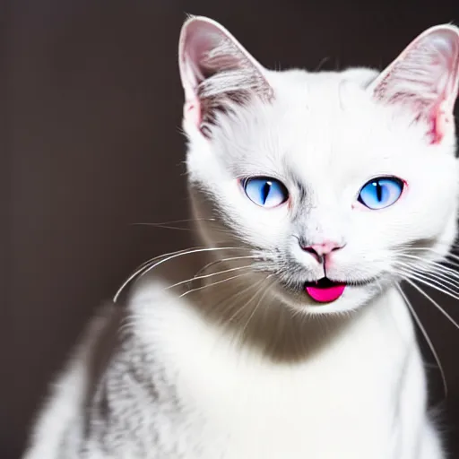 Image similar to A photograph of a white cat looking at camera, with black fur around her eyes, sticking tongue out, warm lighting, 4k, 8k, hd