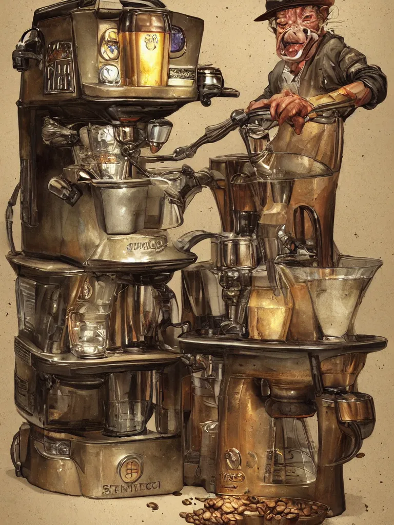 Image similar to illustration of an ancient coffee machine, by Simon Stalenhaag, by Yoshita Amano, by Esao Andrews, sharp focus, fresh colors, conceptart, trending on artstation