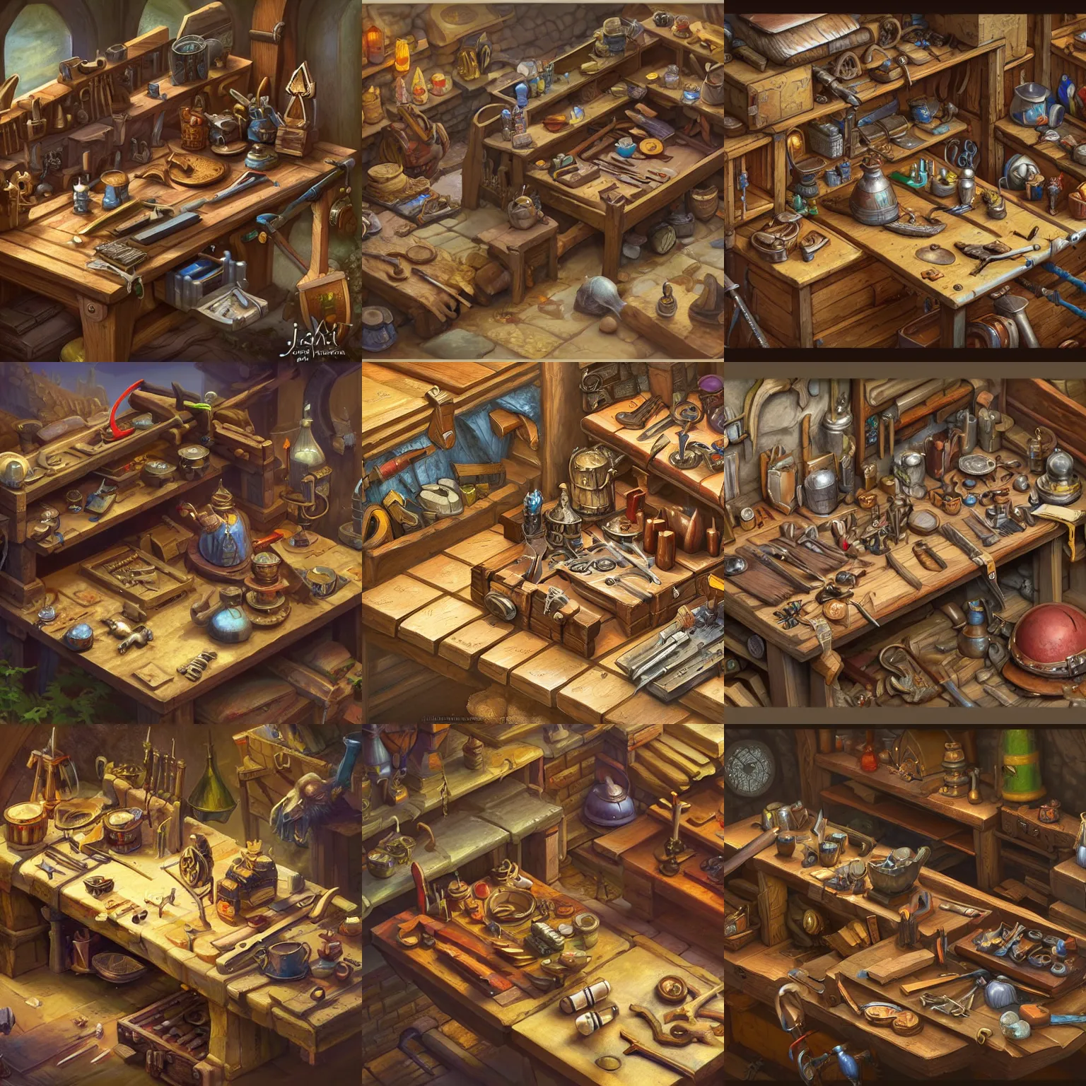 Prompt: a digital painting of a cluttered isometric fantasy medieval workbench by justin gerard, paul bonner, highly detailed, digital art, isometric, artstation hd