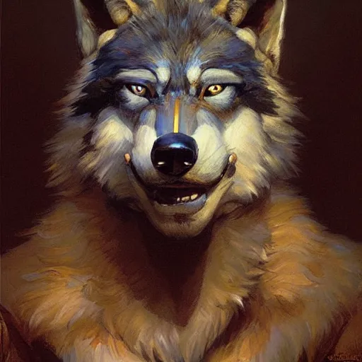 Image similar to a portrait of a wolf dogman. highly detailed painting by gaston bussiere, craig mullins, j. c. leyendecker, furry