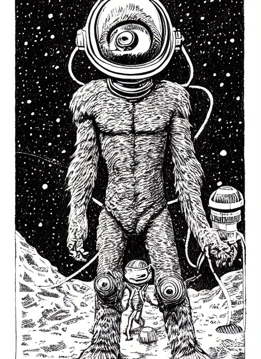Prompt: electric gorilla wearing a space helmet, as a d & d monster, full body, pen - and - ink illustration, etching, by russ nicholson, david a trampier, larry elmore, 1 9 8 1, hq scan, intricate details, inside stylized border