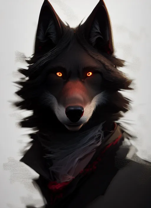 Image similar to beautiful headshot portrait of a male anthropomorphic black wolf red long hair. character design by cory loftis, fenghua zhong, ryohei hase, ismail inceoglu and ruan jia. artstation, volumetric light, highly detailed, photorealistic, fantasy, rendered in octane