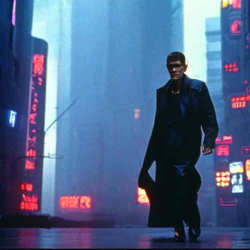 Image similar to william dafoe starring in a cyberpunk story in a distopic futuristic city in the style of bladerunner, movie still, highly detailed