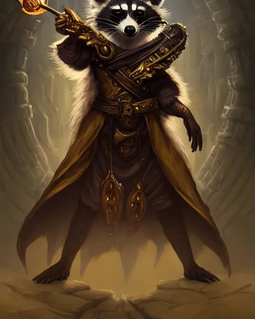 Prompt: anthropomorphic royal warlock raccoon casting a spell in a dungeon, dark souls, d & d, fantasy, intricate, action pose, elegant, highly detailed, digital painting, artstation, concept art, matte, sharp focus, illustration, hearthstone, art by artgerm, wlop, greg rutkowski and alphonse mucha