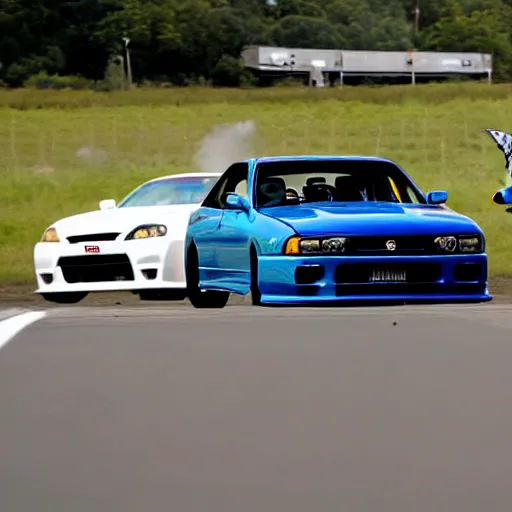 Image similar to drag race photo finish between a nissan skyline r34 and a dinosaur