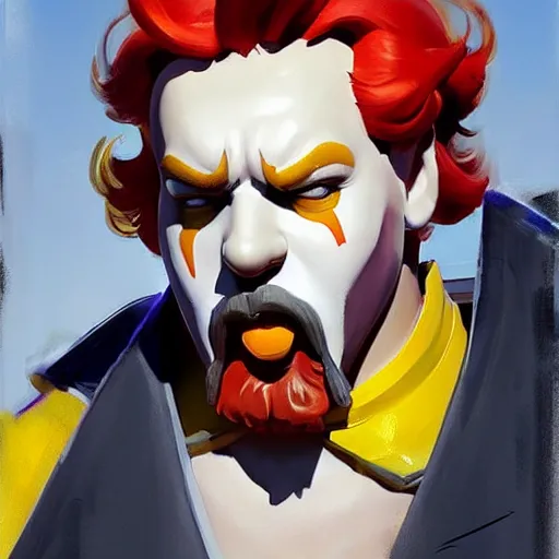 Image similar to greg manchess portrait painting of ronald mcdonald as overwatch character, medium shot, asymmetrical, profile picture, organic painting, sunny day, matte painting, bold shapes, hard edges, street art, trending on artstation, by huang guangjian and gil elvgren and sachin teng