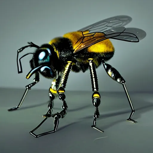 Image similar to cybernetic bees made of metal, mechanical, glowing