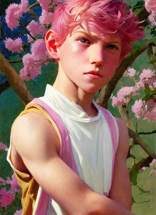 Image similar to androgynous cute pink haired teen boy wearing greek clothes, muted colors, colorful flowers, sunlight filtering through skin, j. c leyendecker, by alan lee, wlop! illustrated by starember, fantasy art by craig mullins cfg _ scale 9