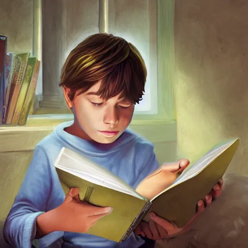 Prompt: a painting of a beautiful intelligent boy reading a magic book, magic around him, painting by Moebius, photorealistic, smooth, 4k, natural light, library background, hyper realistic, magic lighting, concept art