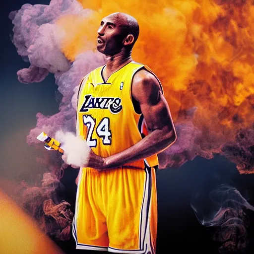 Image similar to selfie of kobe bryant holding a giant cigarette in a helicopter filled with smoke, 8k resolution, hyper detailed