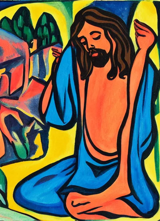 Image similar to painting of jesus praying seductively, 8 k cel shades, pivix, in the style of ernst ludwig kirchner