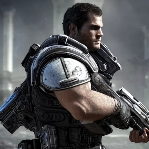 Prompt: a videogame still of Henry Cavill in Gears of War, 40mm lens, shallow depth of field, split lighting