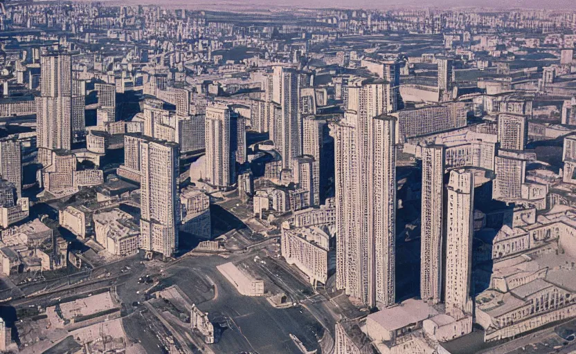 Image similar to high quality 2000s historic footage of soviet boulevard with stanilist style high rise and pedestrians, color aerial photo drone, Cinestill 800t, heavy grainy picture, very detailed, high quality, 4k panoramic