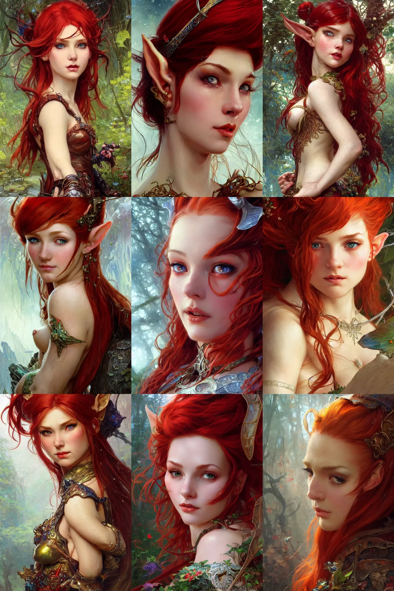 Prompt: alluring highly detailed close-up portrait of beautiful elf girl with red hair wearing a fantasy outfit, very detailed, realistic, by Stanley Artgerm Lau, greg rutkowski, thomas kindkade, alphonse mucha, loish, norman rockwell J.