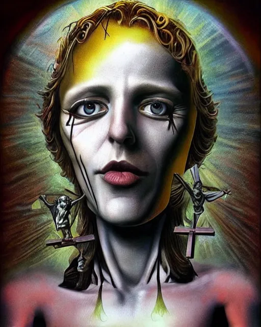 Image similar to crucifix theme surrealist art in the styles of igor morski, jim warren, and a tim burton film, intricate, hyperrealistic, accurate facial details, profile picture with chromakey!!!!! background, volumetric lighting
