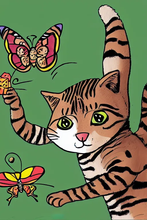 Prompt: a cat playing with butterfly, illustration, highly detailed, in the style of Bill Watterson