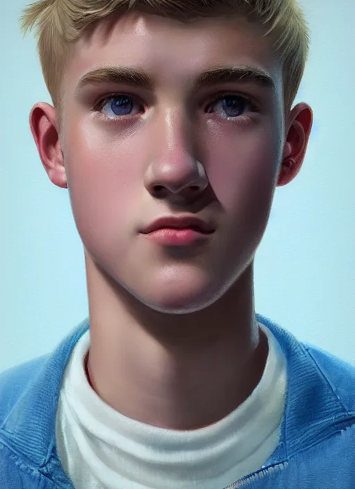 Image similar to portrait of a teenage boy named moose mason, blonde short hair, jock, beefy, square jaw, square facial structure, 1 9 5 0 s, blue varsity jacket, intricate, elegant, glowing lights, highly detailed, digital painting, artstation, concept art, smooth, sharp focus, illustration, art by wlop, mars ravelo and greg rutkowski