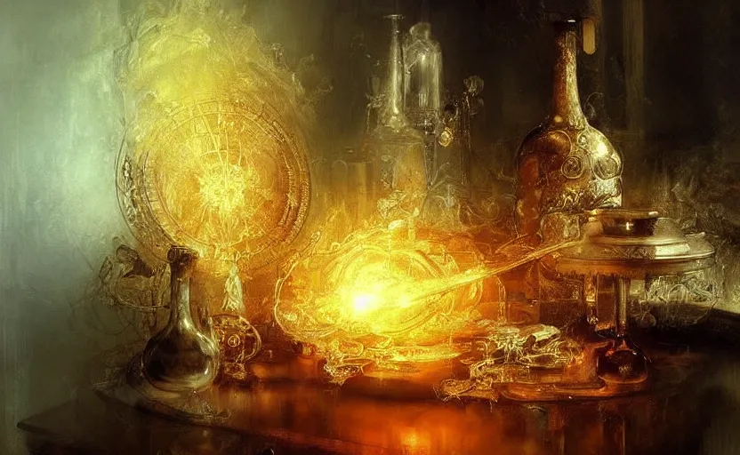 Image similar to alchemy still life amazing composition. by artstation trending, by joseph mallord william turner, luis royo, konstantin razumov, cinematic lighting, fractal flame, highly detailed