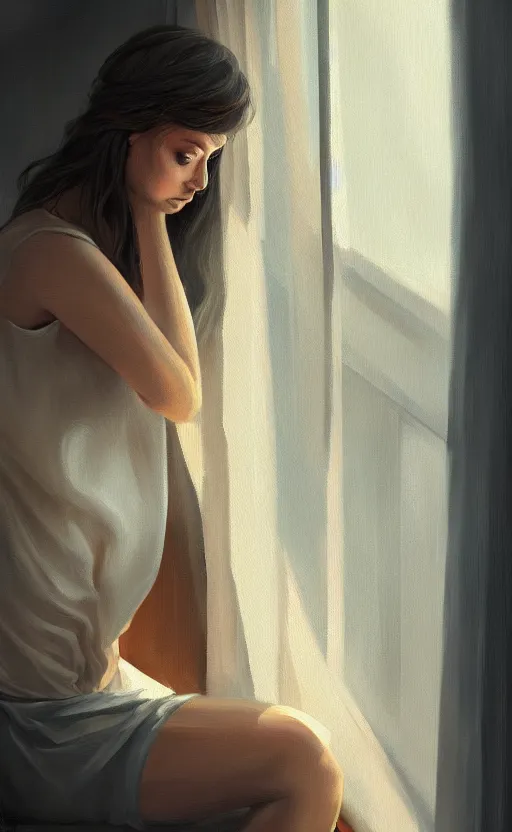 Image similar to oil painting of a beautiful woman in a cozy, comfort home, dimly lit, modern apartment, city from the window, insanely detailed, artstation, digital painting, cinematic lighting