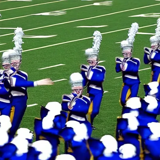 Prompt: marching band with blue and black uniforms performing a show on the field of Mercedes-Benz stadium