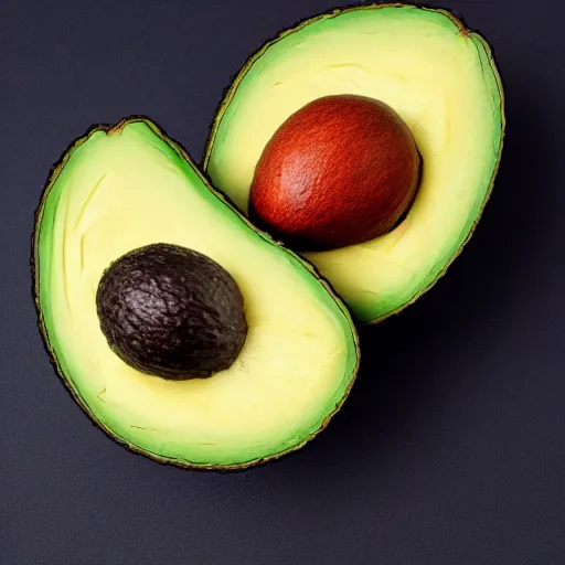 Prompt: cut in half avocado with emma watsons head as the seed