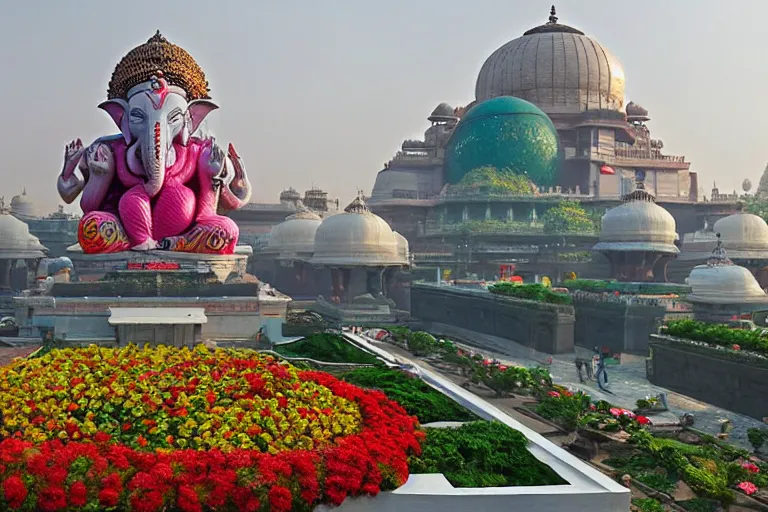 Image similar to beautiful futuristic new delhi, sharp biophilic ganesha!! building, kalighat flowers, highly detailed, stephen shore & john j. park, cinematic morning light, wide shot, ground angle, uhd 8 k, sharp focus