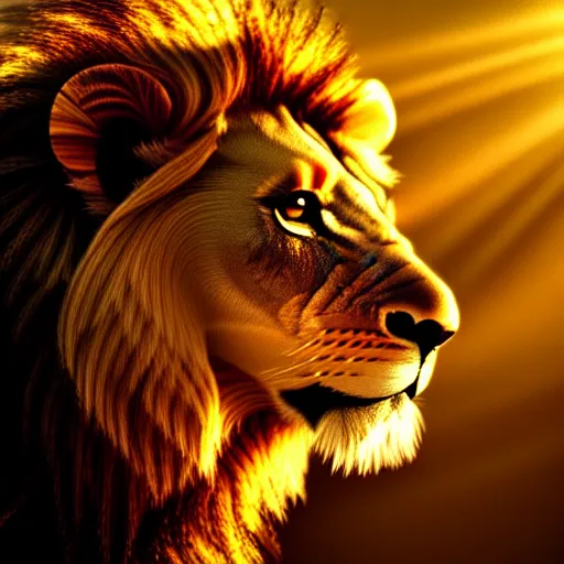 Image similar to Majestic lion, atmospheric lighting, painted, intricate, volumetric lighting, beautiful, rich deep colours masterpiece, golden hour, sharp focus, ultra detailed