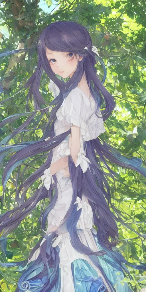 Prompt: a digital art of a loli with long hair in a dress in the privet garden at after noon, green and blue and warm theme, back lighting, highly detailed, 4 k resolution, trending on art station, elegant, depressed, melancholic, by krenz cushart and mucha and akihito yoshida and greg rutkowski and makoto shinkai