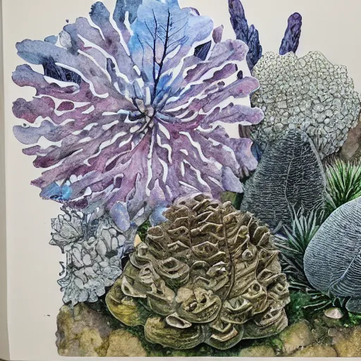 Image similar to delicate coastline mountain garden on paper, stony, puffy, botanical herbarium, botanic watercolors, iridescent, 8 k wide angle, realistic shaded, fine details, artstation, italian, colonnade, oak tree, pinecone, pomegranade, hydrangea, vines, gardena architecture, pompeian, sicilian