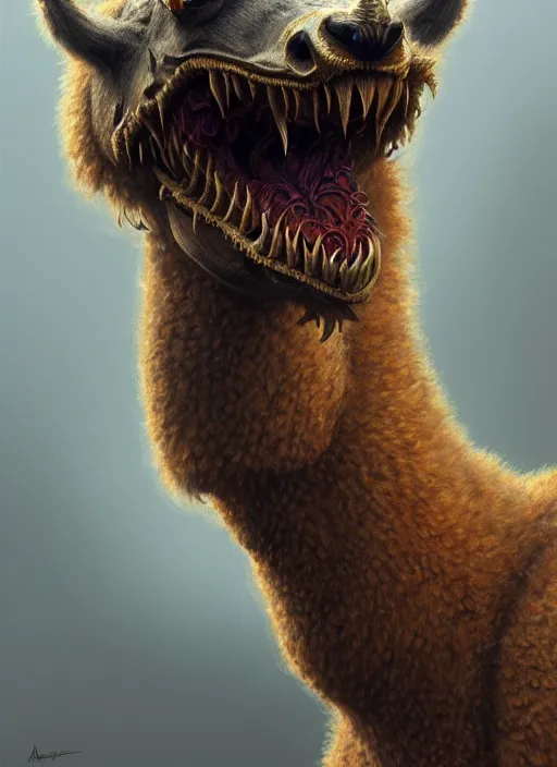 Prompt: anthropomorphic dire alpaca irontooth biter, intricate, elegant, highly detailed animal monster, digital painting, artstation, concept art, smooth, sharp focus, illustration, art by artgerm and greg rutkowski and alphonse mucha, 8 k