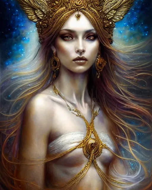 Image similar to portrait of a beautiful celestial goddess, unusual beauty, esoteric, muted colors, head in focus, fantasy art, ornamental aesthetics intricate, elegant, highly detailed, hyperrealistic painting, artstation, concept art, painterly, sharp focus, illustration, art by lois royo