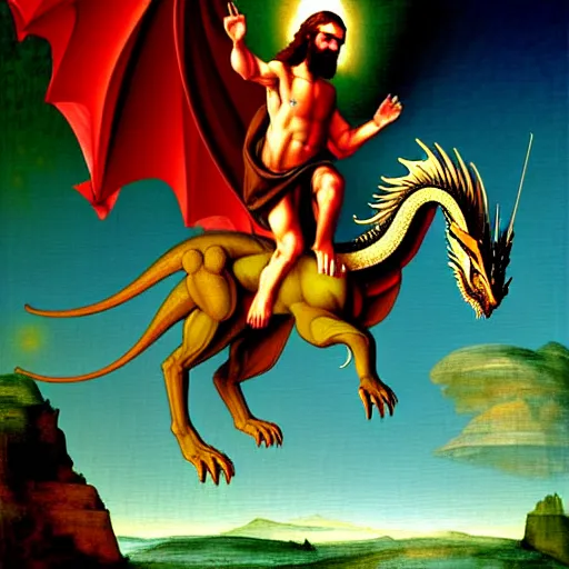 Image similar to Jesus riding a dragon, renaissance painting, fantasy art, digital art