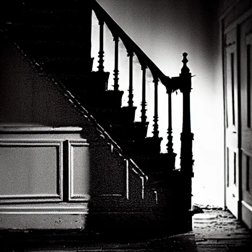 Image similar to grainy photograph of a dark and dilapidated staircase, positioned at the bottom step looking up the staircase, a ghost that looks like 2 1 savage in the darkness at the top of the stairs