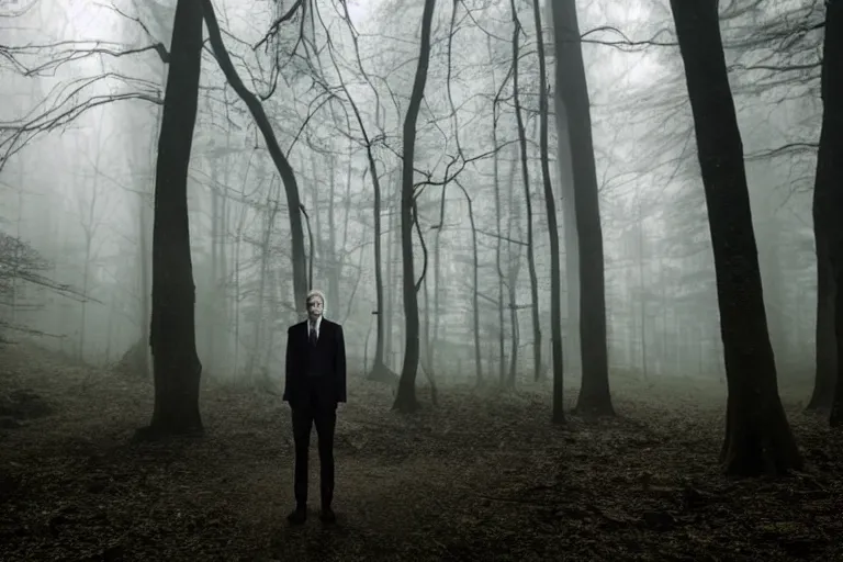 Prompt: a photorealistic cinematic!!! headshot portrait!!! of a skinny evil male scientist, stood in a spooky forest, fog, shrubbery, 8 k, detailed, backlight, deep focus, movie still, moody lighting, by werner herzog