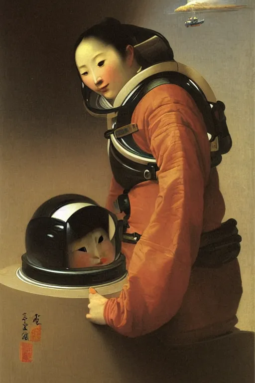 Prompt: portrait of a astronaut in astronaut closed helmet, chinese meticulous painting, by bouguereau