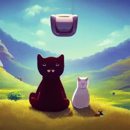 Image similar to a cat zen master meditating on hillside, next to a cute cat, concept art by chris labrooy, cgsociety, retrofuturism, sci - fi, concept art, futuristic