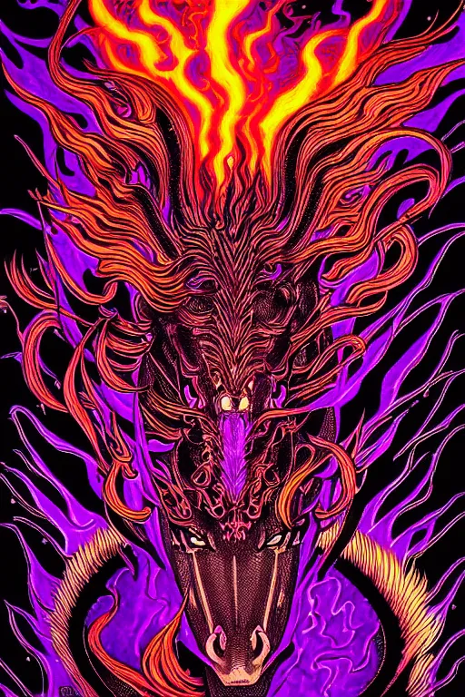 Image similar to illustration of fiery horse demon, black and purple flames, flaming eyes, horse, intricate linework, in the style of moebius, ayami kojima, 1 9 9 0's anime, retro fantasy