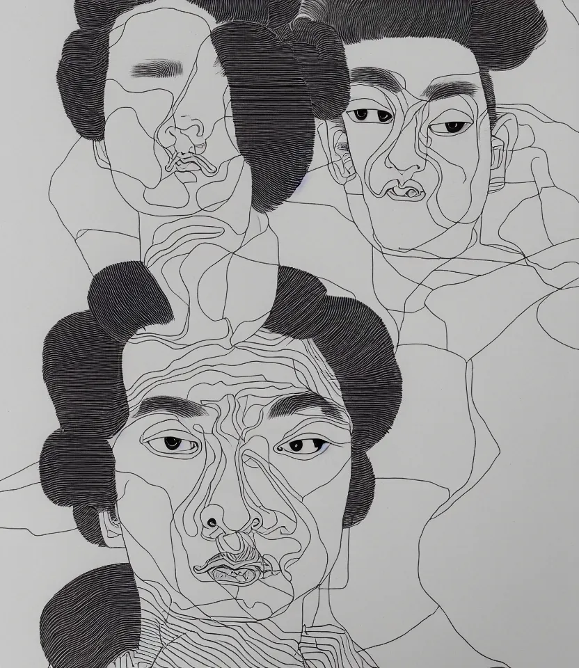 Image similar to detailed line art portrait of 孫 德 明 sunyatsen, inspired by egon schiele. caricatural, minimalist, bold contour lines, musicality, soft twirls curls and curves, confident personality, raw emotion