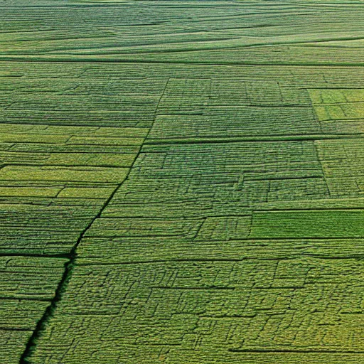 Image similar to view from a helicopter of Midwest farmland, extreme detail, photograph, by greg rutkowski