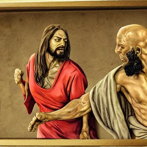 Prompt: ripped jesus punching an old lady, highly detailed, hyper realistic,