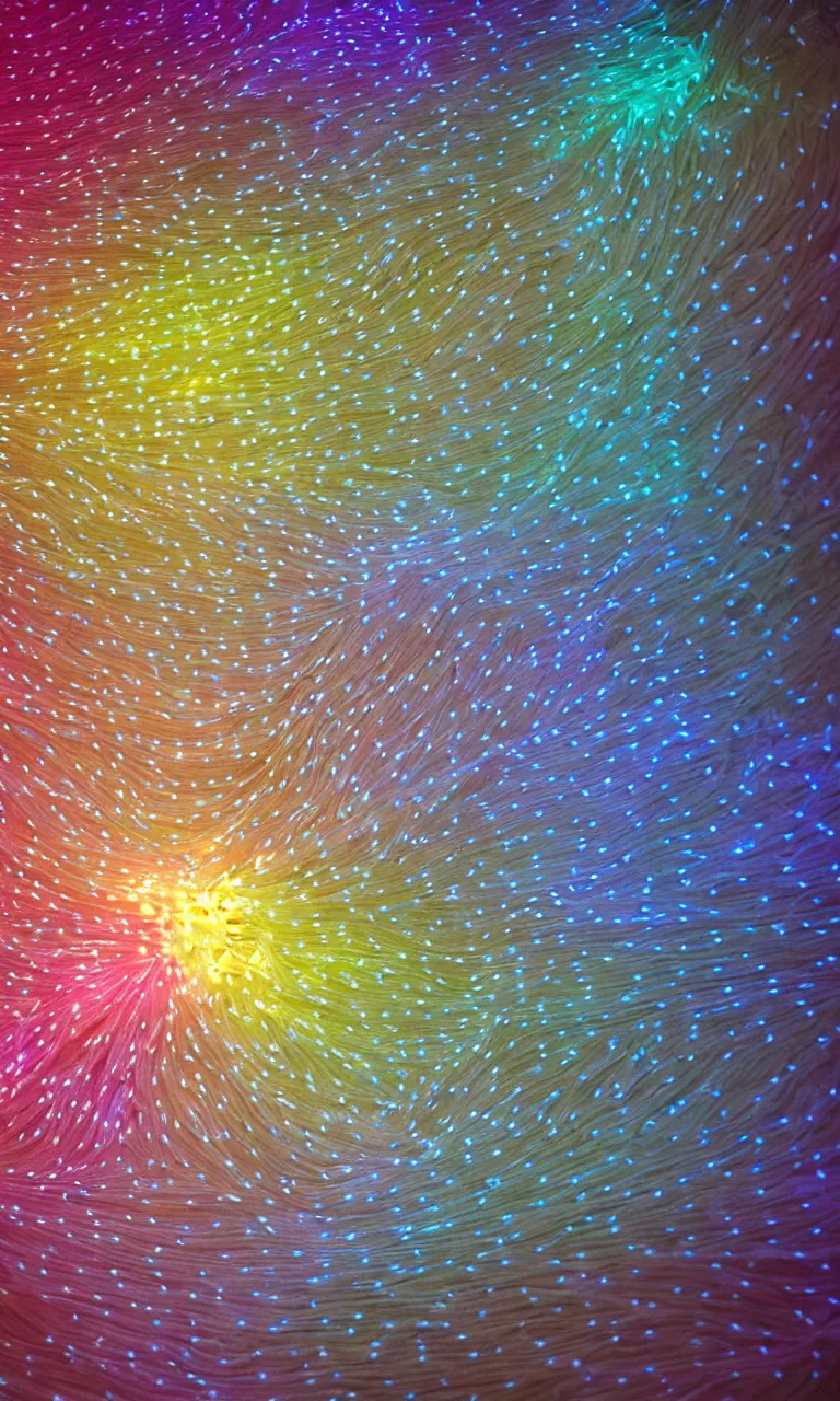 Prompt: a top-down wide view still of a floating transmissive vellum cloth tightly bunched up and pinned together with colorful glowing LED pins into a soft billowy bundle by a few glowing pins from an a24 movie, 8k, translucent cloudy vellum bunched up into large mounds by microscopic suns and wrinkles of cloth pinned from far apart close together with tiny emissive spheres, filtering light through the wrinkled bunched-up layers, 30s long exposure photograph of a large cloth flapping in the wind, tiny glowing spheres puncturing a blurry sheet, starkly lit from the evening sunset crepuscular golden hour rays emerging from the fog, chiaroscuro studio lighting