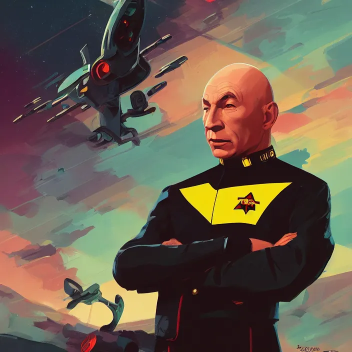 Image similar to a colorful comic noir illustration painting of jean - luc picard uss enterprise by sachin teng and sergey kolesov and ruan jia and heng z. graffiti art, sci fi, hyper detailed. octane render. trending on artstation