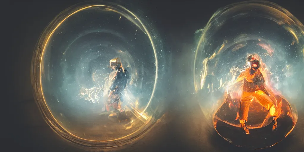 Image similar to music video fisheye slow motion with trail fire and smoke effect of futuristic break dancer wearing long dark cloak and golden helmet emitting fire and crystals, long exposure shot , enigmatic, at night in the middle sci-fi buddhist temple, paddle of water, steam, fog, water splashes, rim lights, glossy reflections, water droplets on lens, octane render, Volumetric dynamic lighting, stunning cover magazine, high details, hajime sorayama