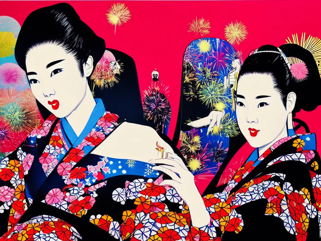 Image similar to hyperrealistic composition of the detailed woman in a japanese kimono sitting at a poker table with detailed darth vader, fireworks, mount fuji on the background, pop - art style, jacky tsai style, andy warhol style, acrylic on canvas