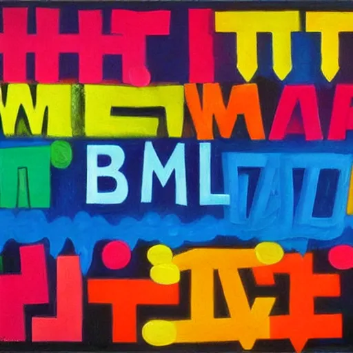 Prompt: a colorful painting of words and letters, by Mel Bochner, oil paint, abstract, Concrete poetry, colorful, Highly Detailed