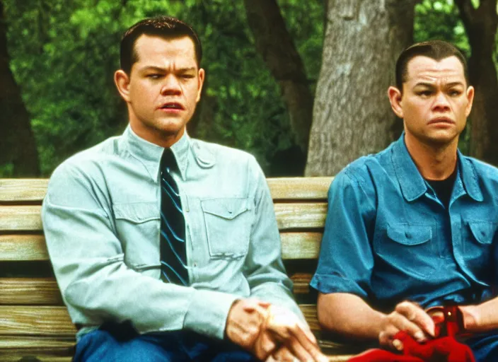 Image similar to film still of matt damon as forrest gump sitting on a bench in forrest gump, 4 k