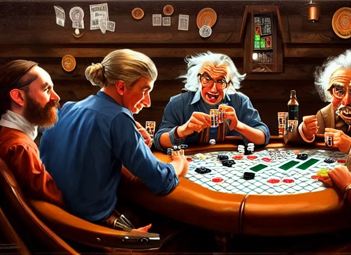 Image similar to playing poker in a saloon, Isaac Newton and Stephen Hawking and Albert Einstein, by Mandy Jurgens, trending on artstation, Richard Schmid and norman rockwell