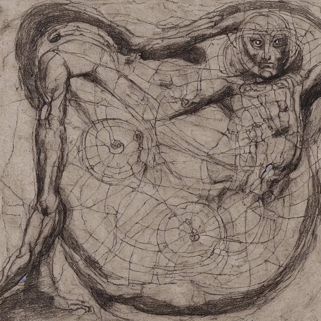 Image similar to vitruvian alien drawing by leonardo da vinci, 8 k