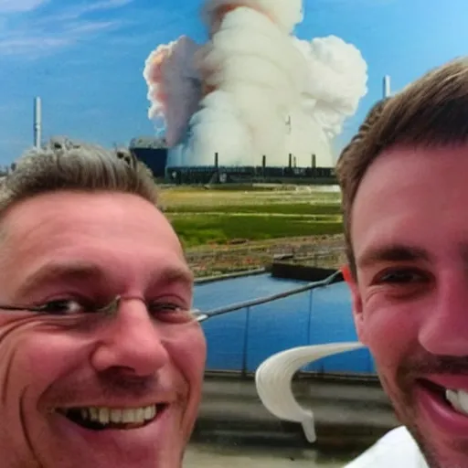 Image similar to a man smiling, in the background is a nuclear reactor which is exploding, hyper realistic, selfie, very detailed.